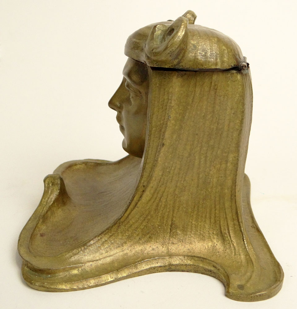 Circa 1900 Art Nouveau Gilt Bronze Inkwell in the Form of a Maiden.