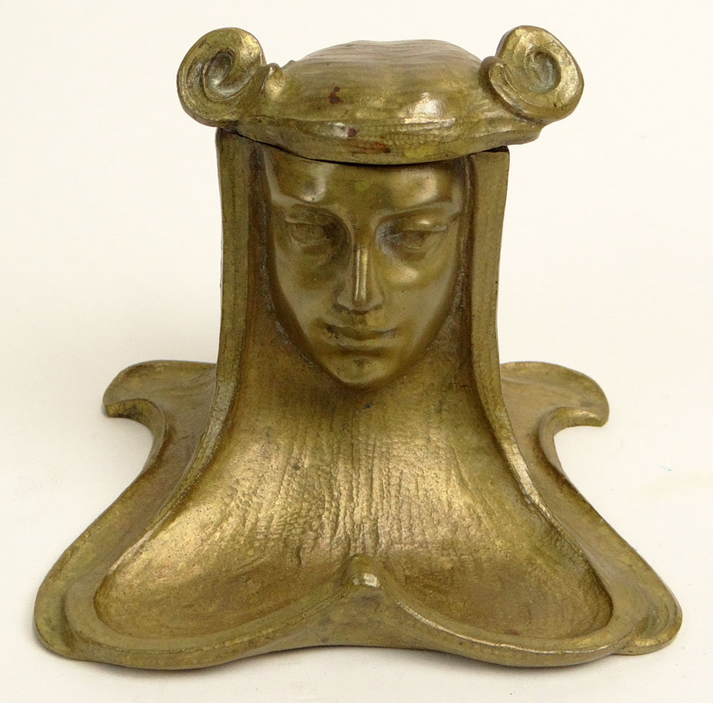 Circa 1900 Art Nouveau Gilt Bronze Inkwell in the Form of a Maiden.