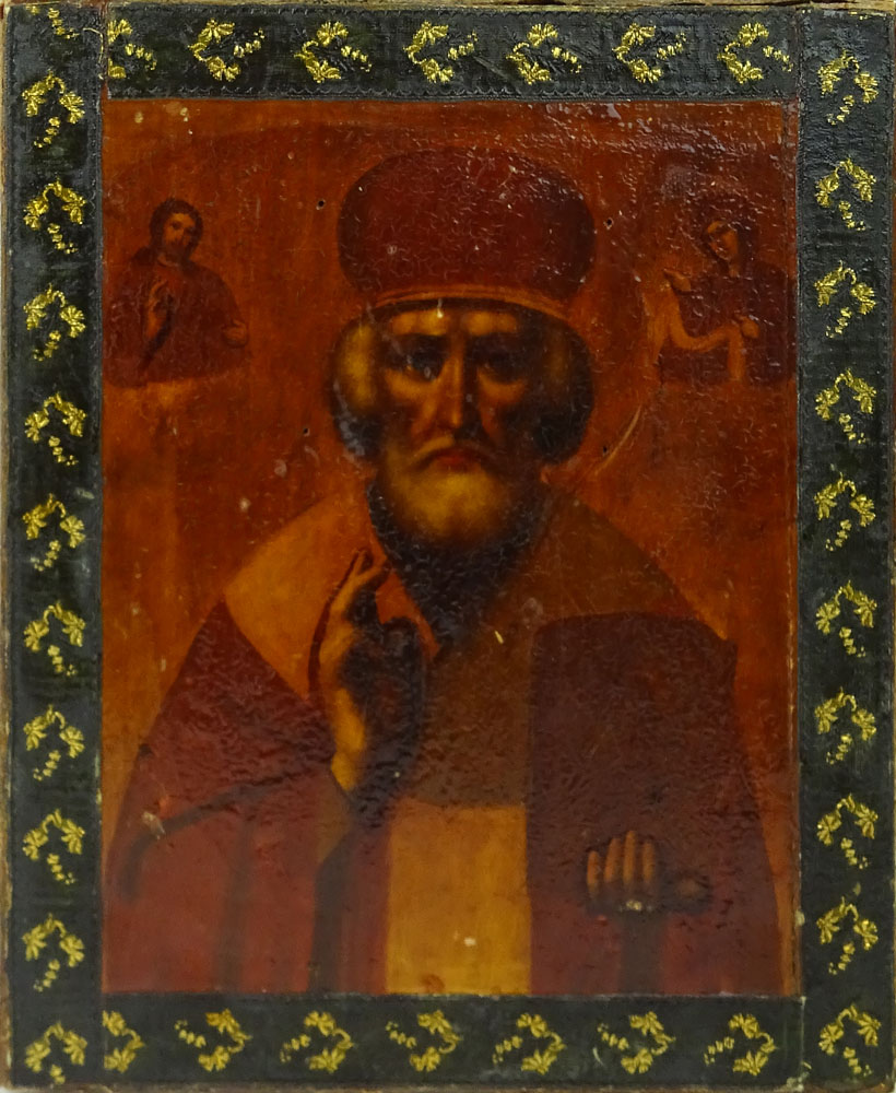 19th Century Hand Painted and Lacquered Russian Icon. Decorated with Cloth around the Exterior.