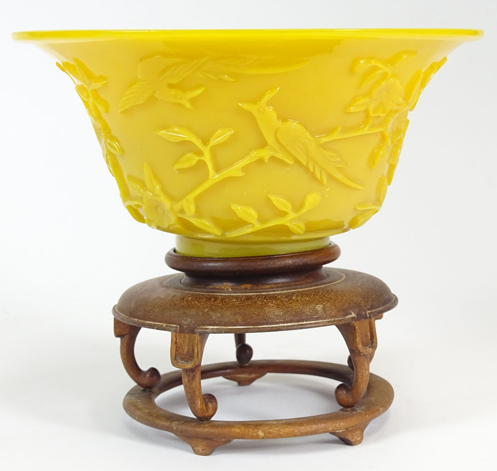 Chinese 19th Century Imperial Yellow Peking Glass Bowl with Carved Bird and Flowering Branch.