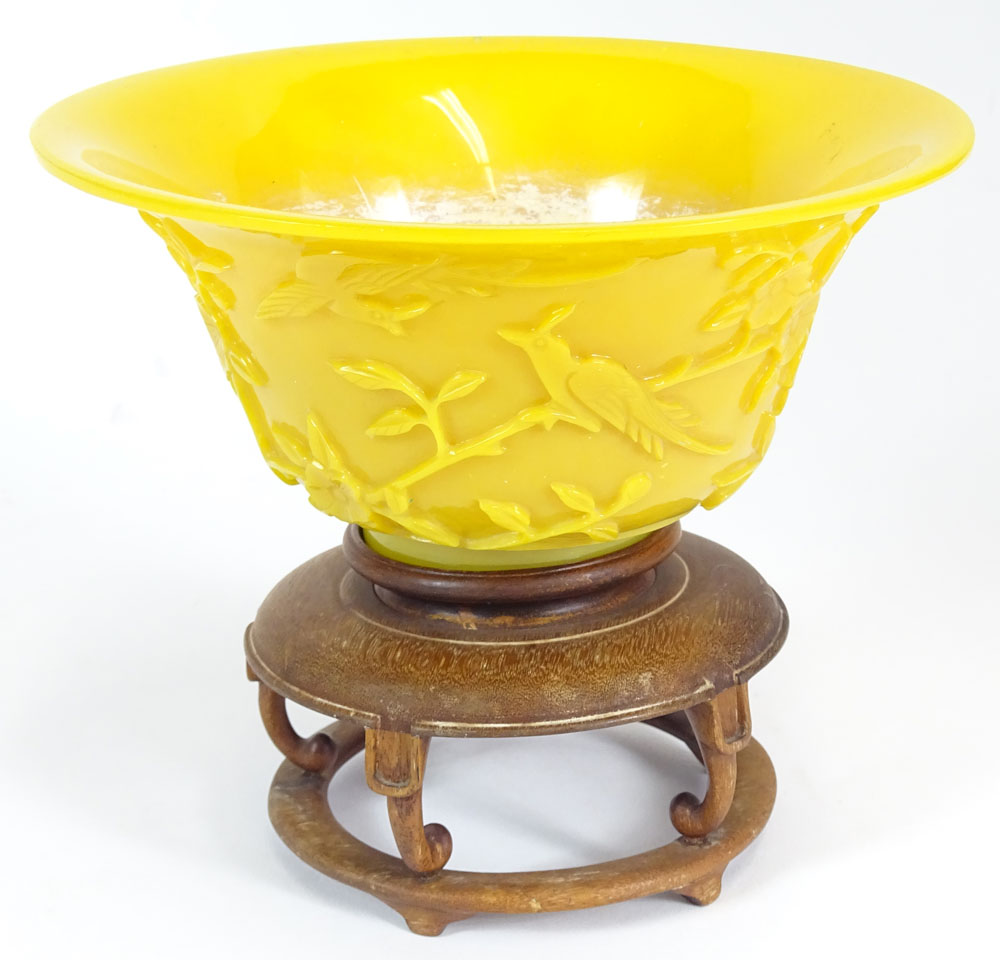Chinese 19th Century Imperial Yellow Peking Glass Bowl with Carved Bird and Flowering Branch.