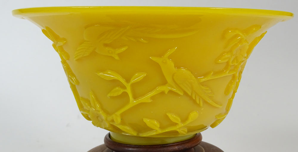 Chinese 19th Century Imperial Yellow Peking Glass Bowl with Carved Bird and Flowering Branch.