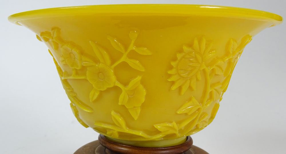 Chinese 19th Century Imperial Yellow Peking Glass Bowl with Carved Bird and Flowering Branch.