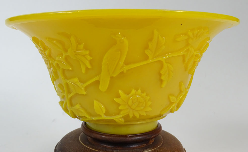 Chinese 19th Century Imperial Yellow Peking Glass Bowl with Carved Bird and Flowering Branch.