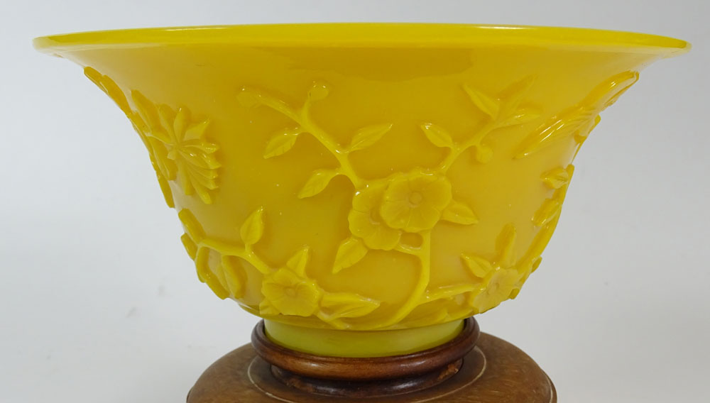 Chinese 19th Century Imperial Yellow Peking Glass Bowl with Carved Bird and Flowering Branch.