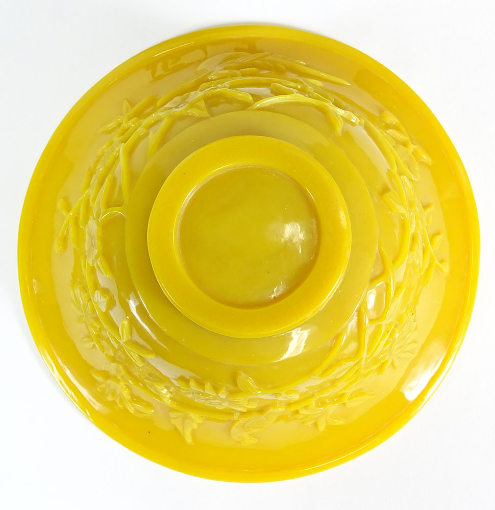 Chinese 19th Century Imperial Yellow Peking Glass Bowl with Carved Bird and Flowering Branch.