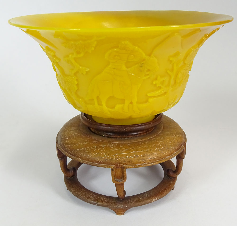 Chinese 19th Century Imperial Yellow Peking Glass Bowl with Carved Mountain Landscape Decoration.