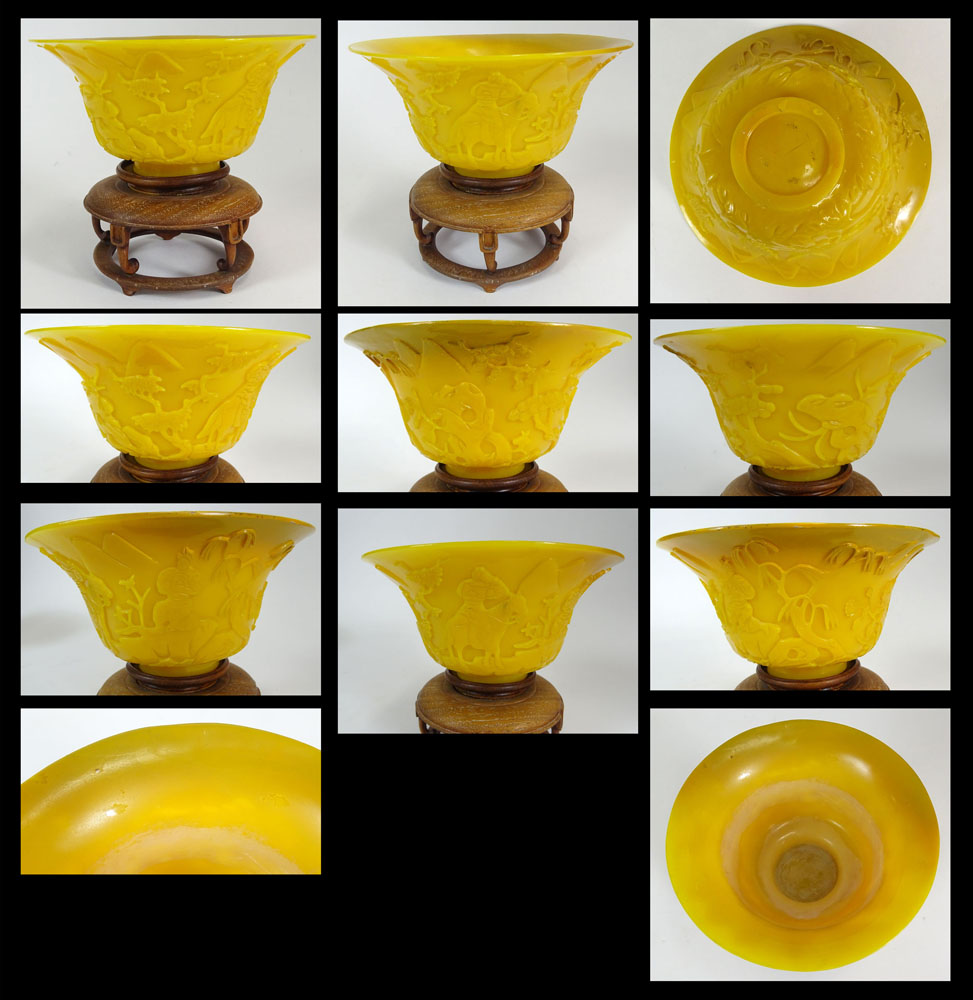 Chinese 19th Century Imperial Yellow Peking Glass Bowl with Carved Mountain Landscape Decoration.