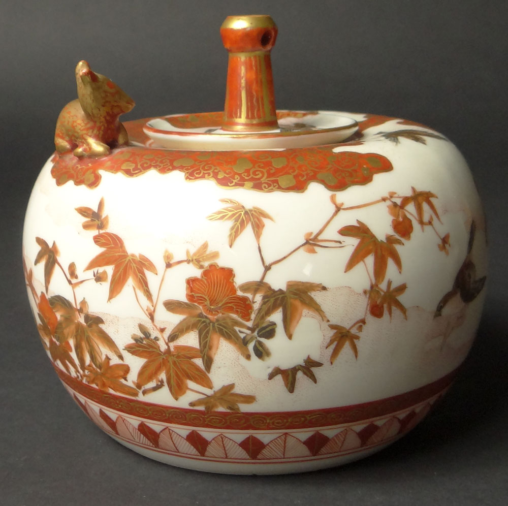 Circa 1900 Japanese Kutani Squat Jar with Stopper and Relief Deer Decoration.