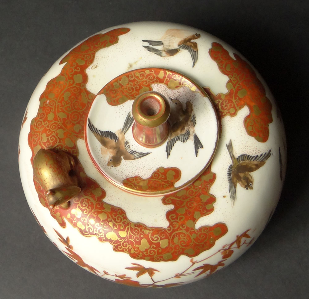 Circa 1900 Japanese Kutani Squat Jar with Stopper and Relief Deer Decoration.