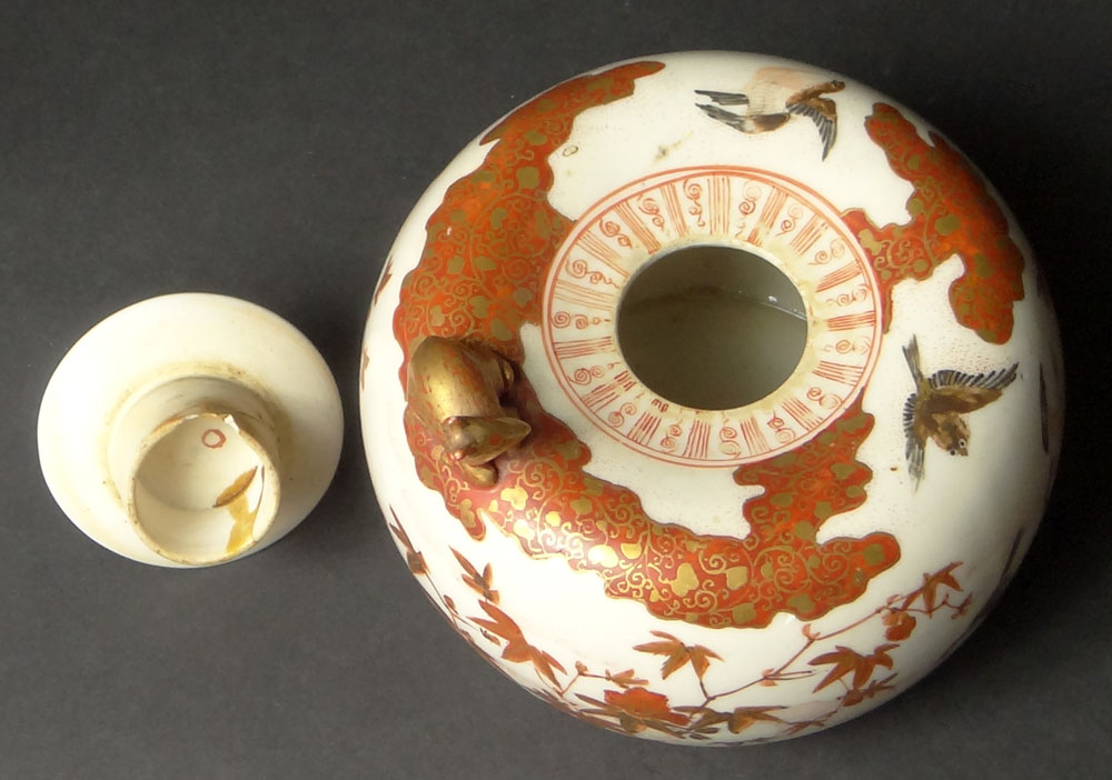 Circa 1900 Japanese Kutani Squat Jar with Stopper and Relief Deer Decoration.