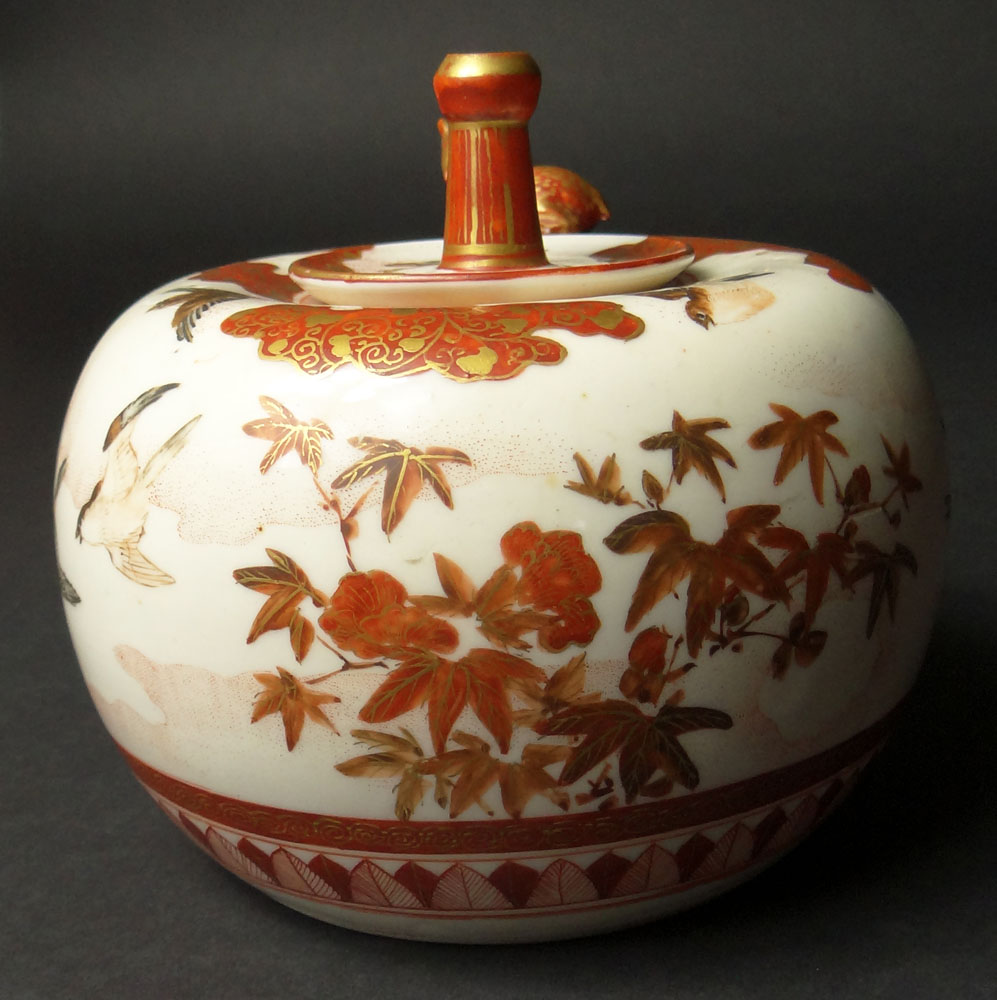 Circa 1900 Japanese Kutani Squat Jar with Stopper and Relief Deer Decoration.