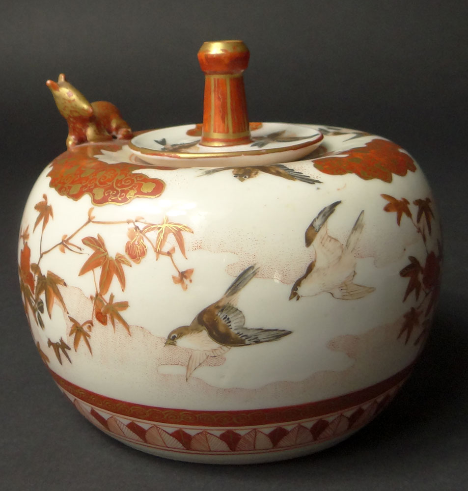 Circa 1900 Japanese Kutani Squat Jar with Stopper and Relief Deer Decoration.