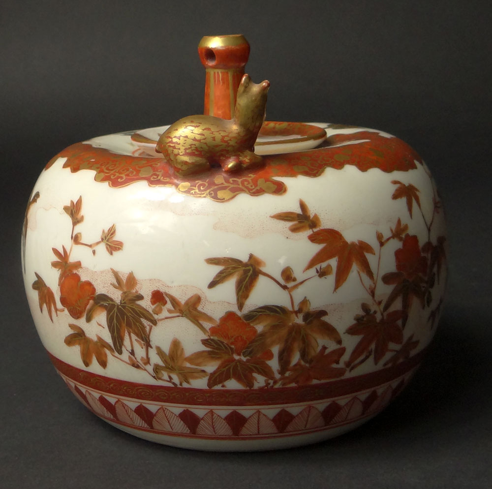 Circa 1900 Japanese Kutani Squat Jar with Stopper and Relief Deer Decoration.