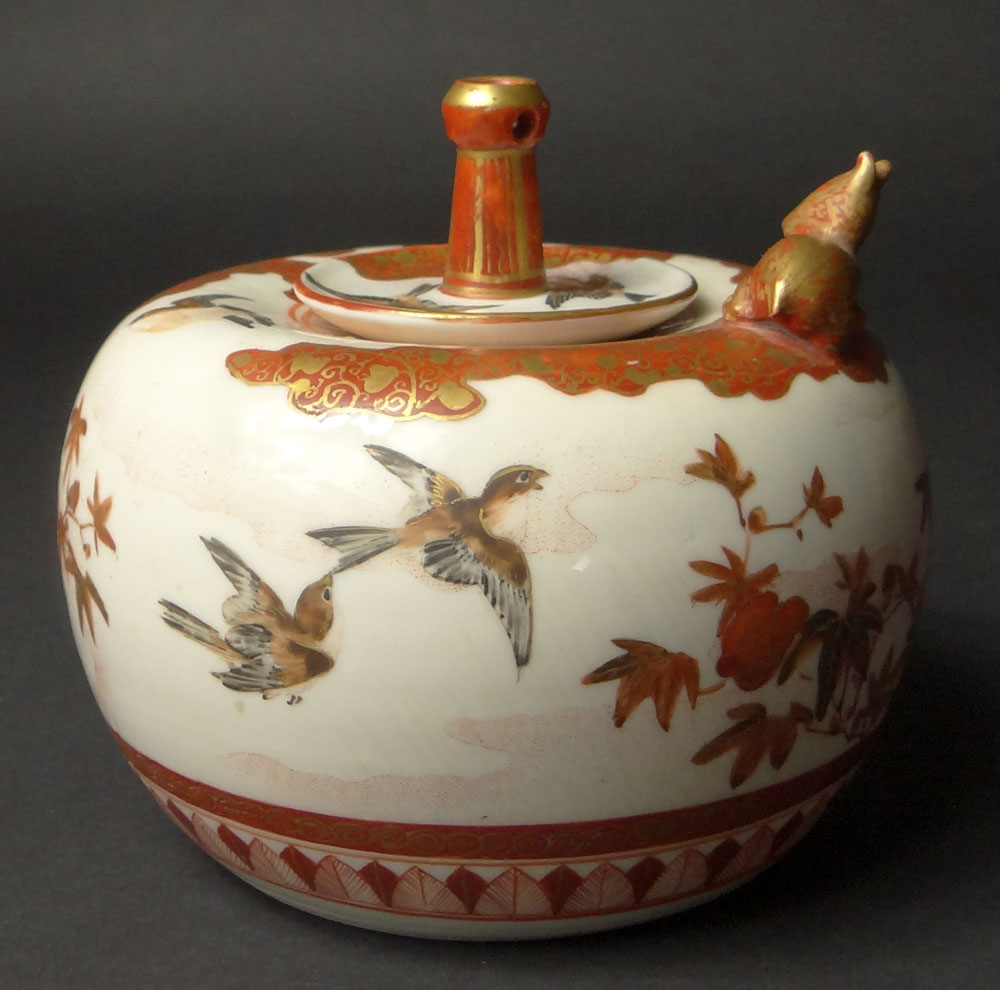 Circa 1900 Japanese Kutani Squat Jar with Stopper and Relief Deer Decoration.