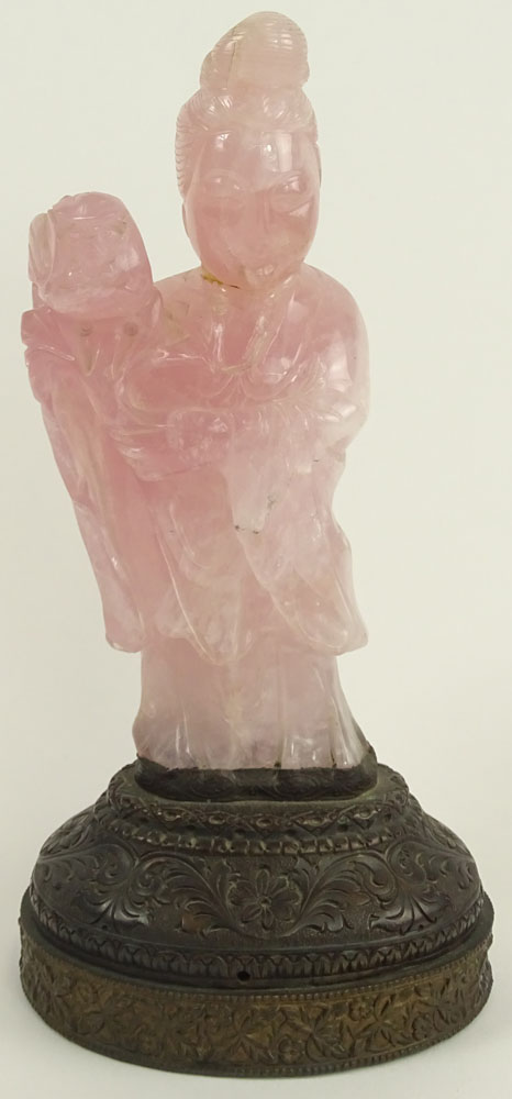 Antique Chinese Carved Rose Quartz Figurine on Brass Base. "Woman in Flowing Robe".