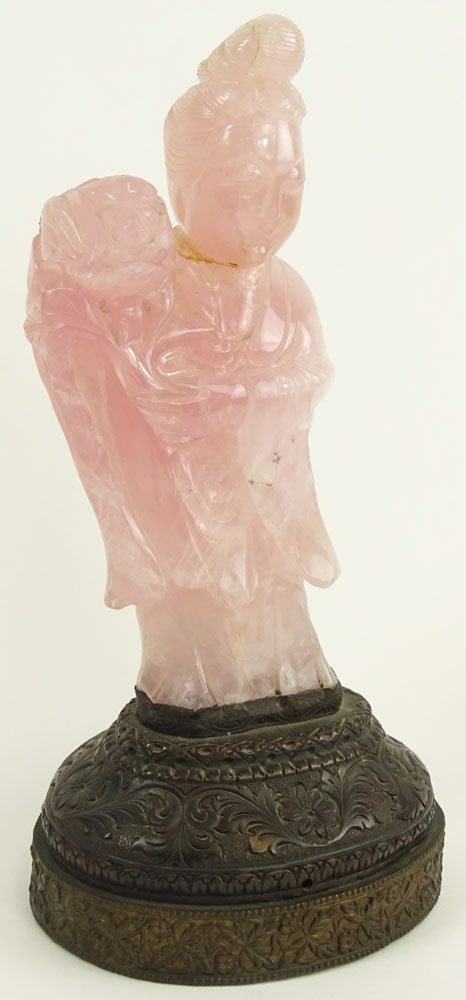 Antique Chinese Carved Rose Quartz Figurine on Brass Base. "Woman in Flowing Robe".