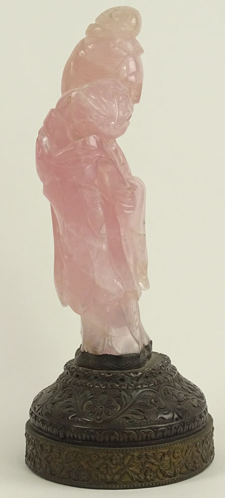 Antique Chinese Carved Rose Quartz Figurine on Brass Base. "Woman in Flowing Robe".