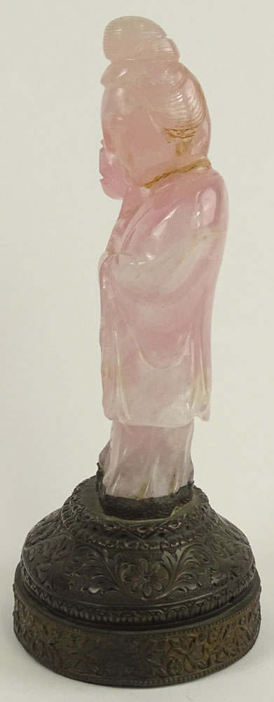 Antique Chinese Carved Rose Quartz Figurine on Brass Base. "Woman in Flowing Robe".