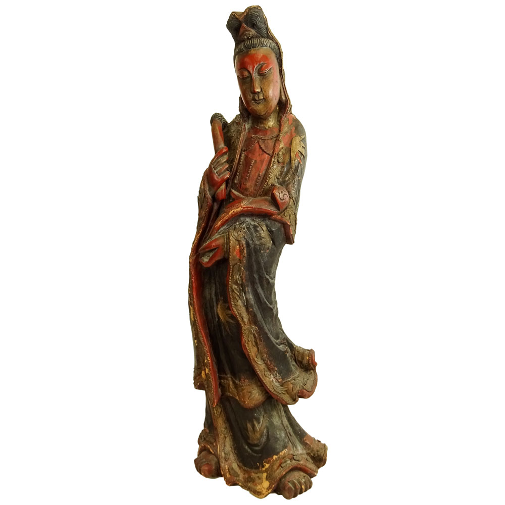 Antique Chinese Carved Wood Polychromed Figure of Guanyin.