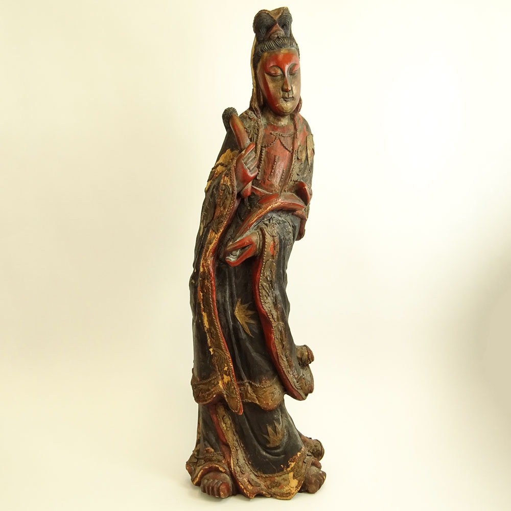 Antique Chinese Carved Wood Polychromed Figure of Guanyin.