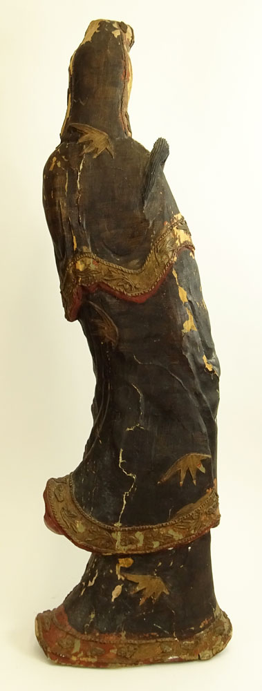 Antique Chinese Carved Wood Polychromed Figure of Guanyin.