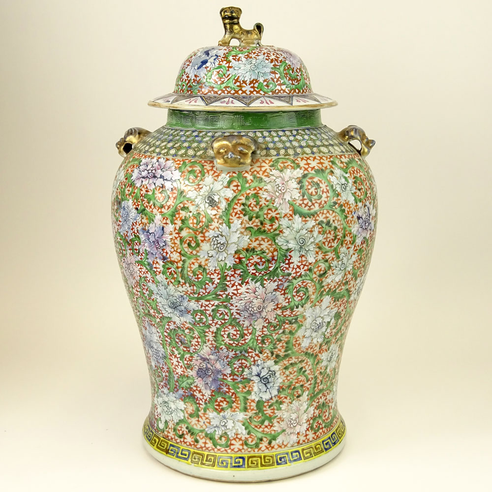 Large Chinese Hand Painted Enameled Ginger Jar.