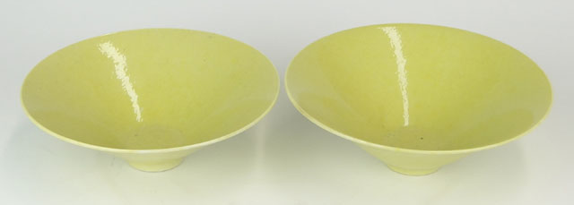 Two (2) 19/20th Century Chinese Porcelain Anhua or Bamboo Hat Yellow Glazed Conical Bowls.