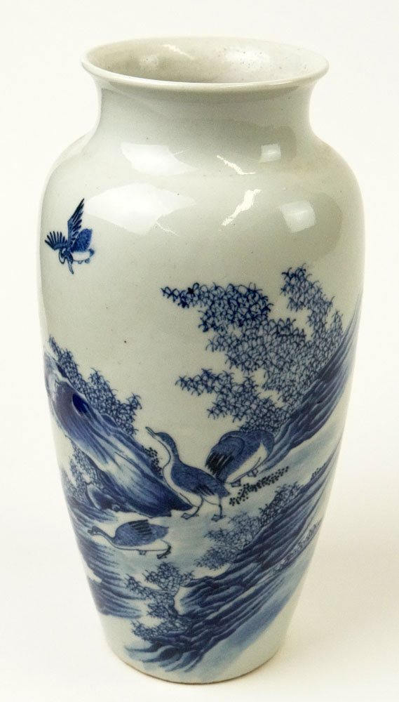 Chinese Blue and White Decorated Small Vase with Ducks Motif.