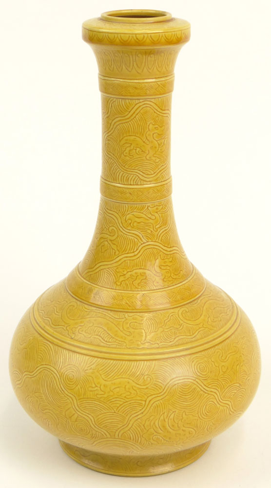 Chinese Yellow Glaze Porcelain Vase. Ching Dynasty Six Character Mark to Base.