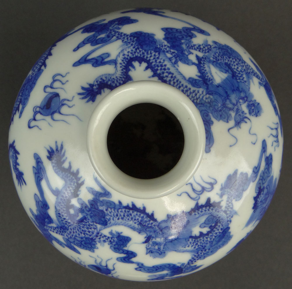 Chinese Blue and White Porcelain Vase with Dragon Chasing the Flaming Pearl Decoration.