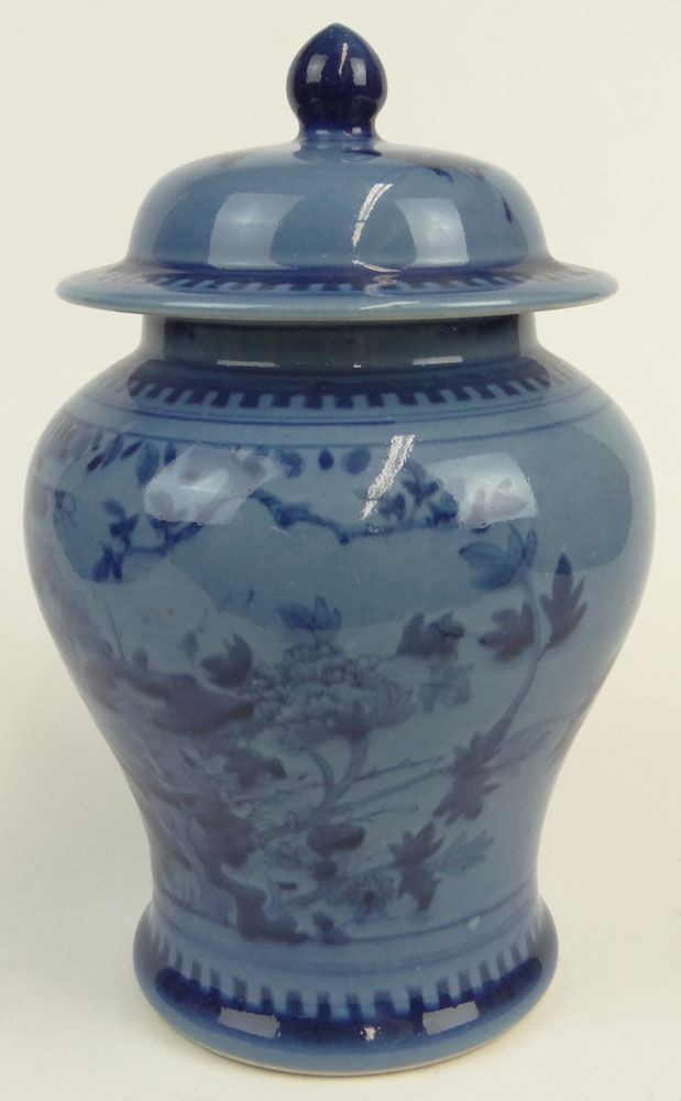 Chinese Blue Porcelain Covered Baluster Jar with Foliate Decoration.