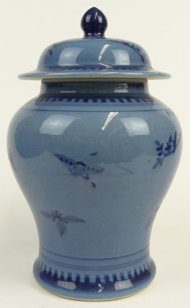 Chinese Blue Porcelain Covered Baluster Jar with Foliate Decoration.