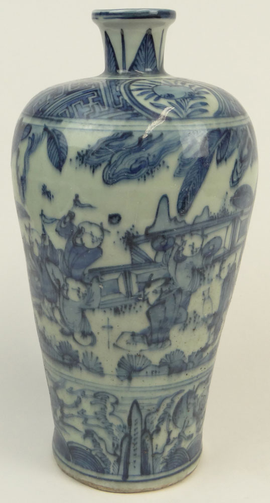 Chinese Blue and White Porcelain Vase with Playing Boy Decoration.