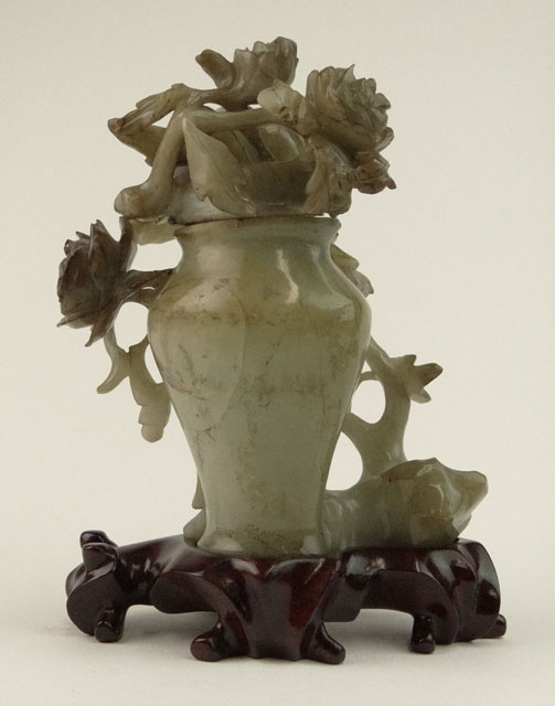 20th Century Chinese Carved Jade Covered Vase with Flowers.