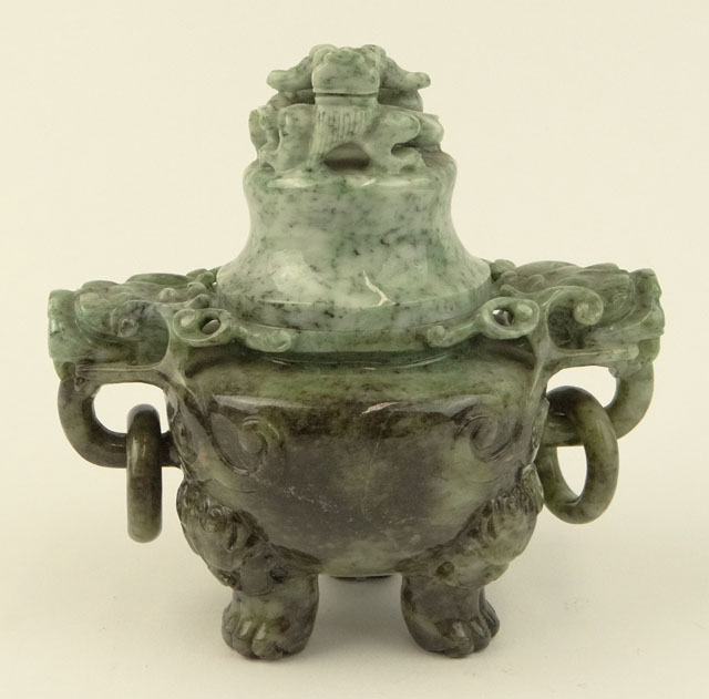 20th Century Chinese Jade Covered Incense Burner with Tripod Feet.