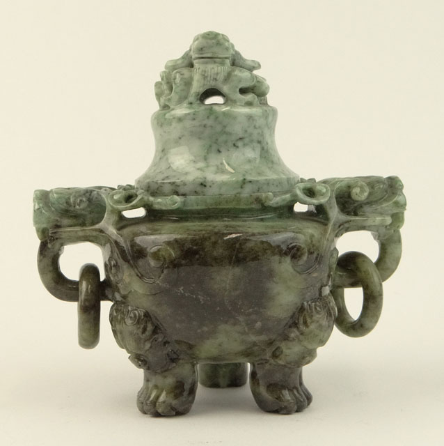 20th Century Chinese Jade Covered Incense Burner with Tripod Feet.