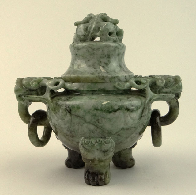 20th Century Chinese Jade Covered Incense Burner with Tripod Feet.