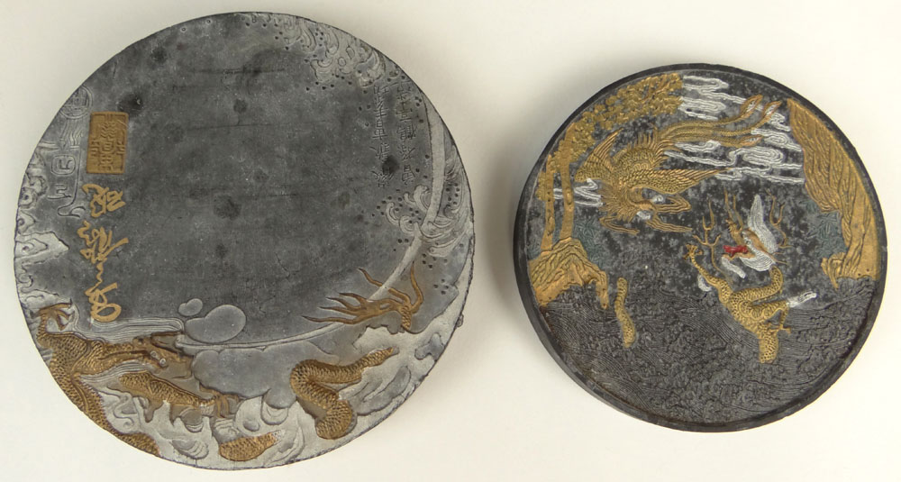 Two (2) Chinese Round Carved Inkstones. Each with Calligraphy and Seal Marks.