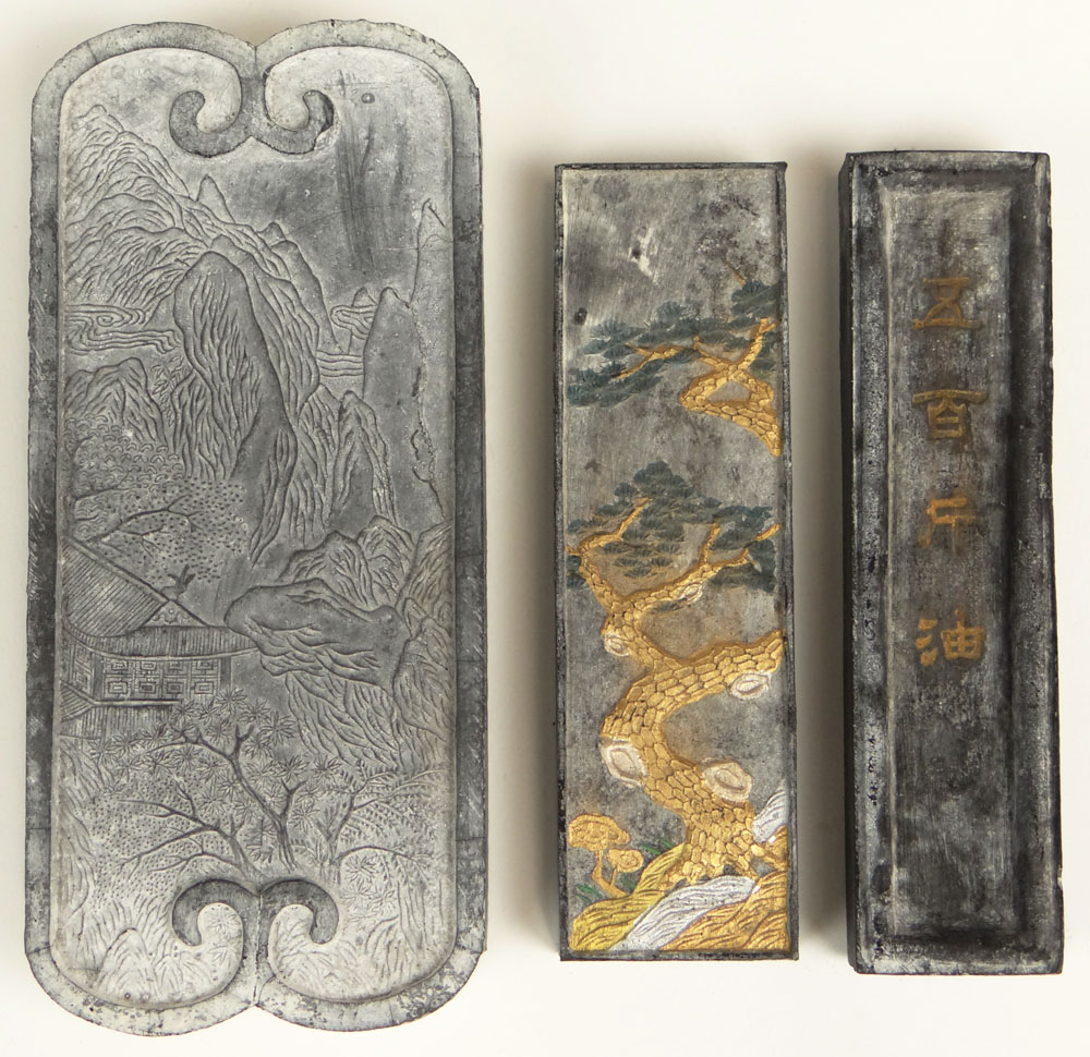 Three (3) Chinese Carved Inkstones. Calligraphy to each.