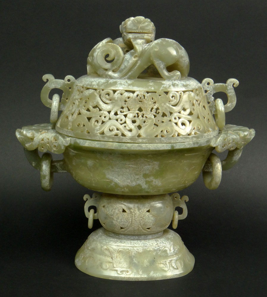 Chinese Carved and Reticulated Mottled Jade Covered Sensor with Chilong Finial and Dragon with Ring Handles.