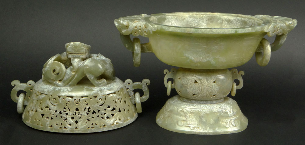 Chinese Carved and Reticulated Mottled Jade Covered Sensor with Chilong Finial and Dragon with Ring Handles.