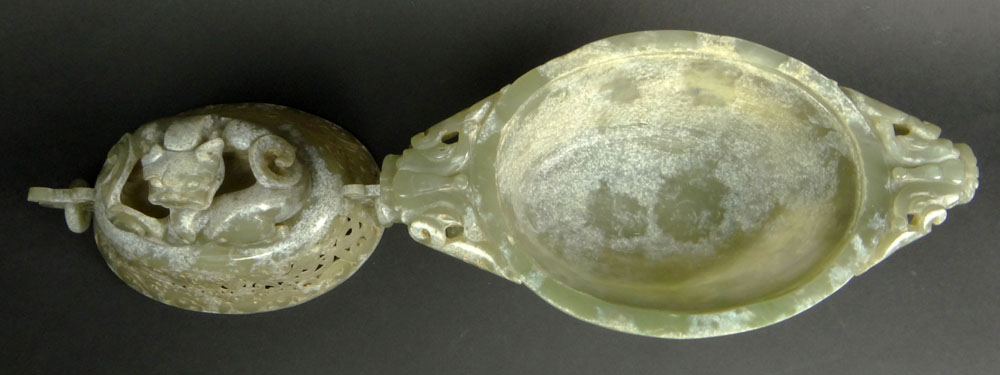 Chinese Carved and Reticulated Mottled Jade Covered Sensor with Chilong Finial and Dragon with Ring Handles.