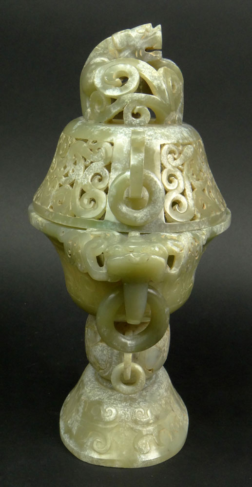 Chinese Carved and Reticulated Mottled Jade Covered Sensor with Chilong Finial and Dragon with Ring Handles.