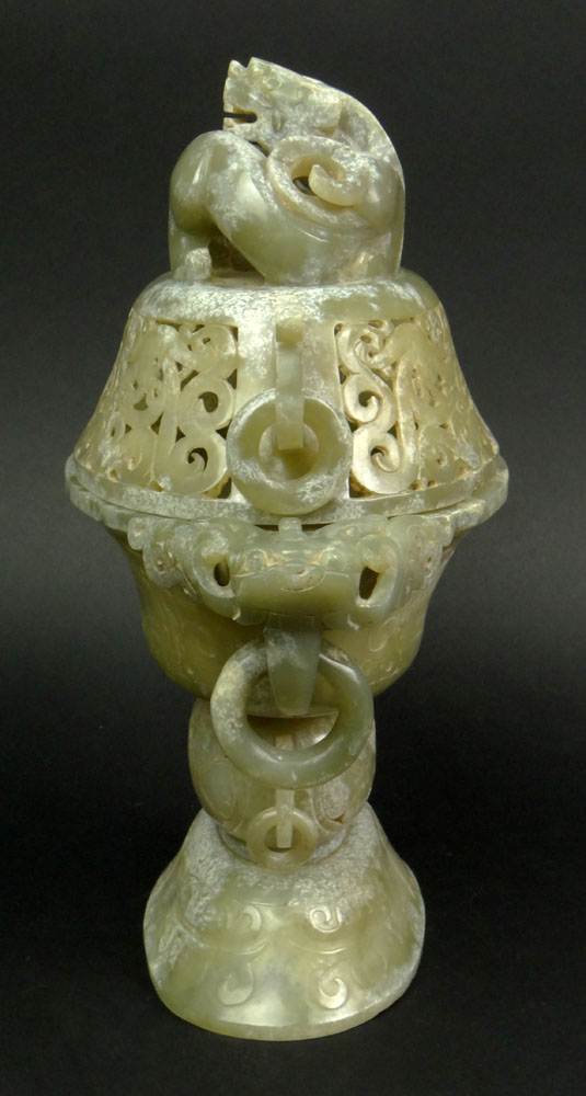 Chinese Carved and Reticulated Mottled Jade Covered Sensor with Chilong Finial and Dragon with Ring Handles.