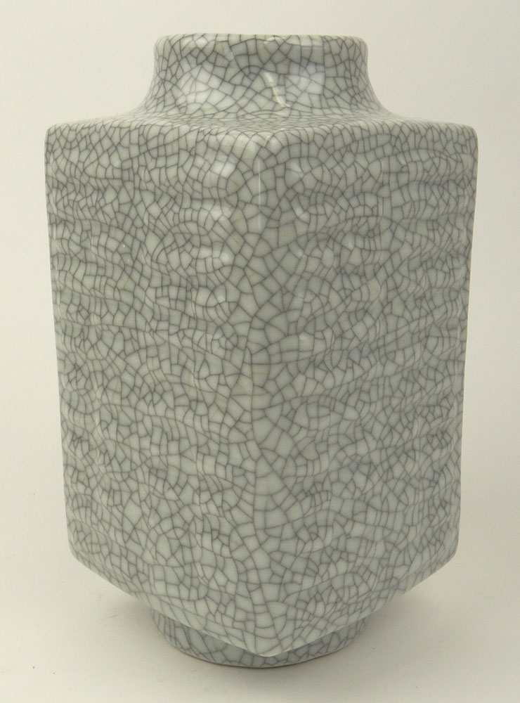 Chinese Celadon Crackle Glaze Cong Vase. Signed to Base.