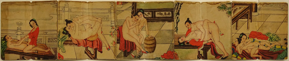 Early 20th Century Japanese Woodblock on Fabric Laid on Heavy Paper Board Shunga Pillow Book.