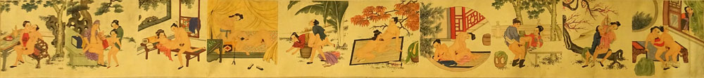 Antique Japanese Erotic Shunga Woodblock on Fabric Laid on Heavy Paper Scroll.