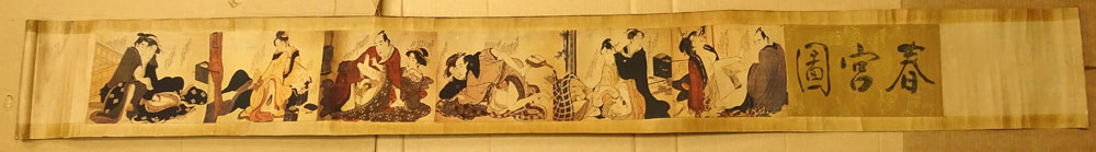 Antique Japanese Erotic Shunga Woodblock on Fabric Laid on Heavy Paper Scroll.