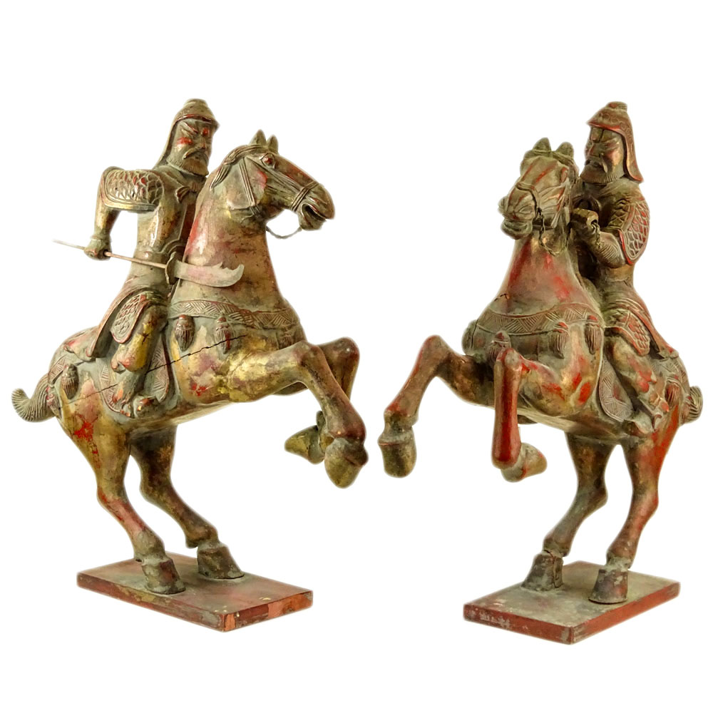 Pair of Vintage Chinese Polychromed Carved Wood Warrior Horse Riders.